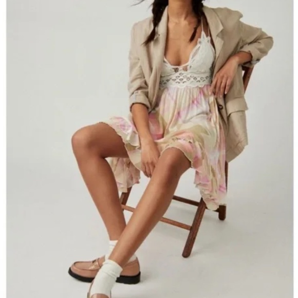 Free People Adella Printed Mini Slip Dress in Soft Plaid Combo sz lg - Picture 1 of 4